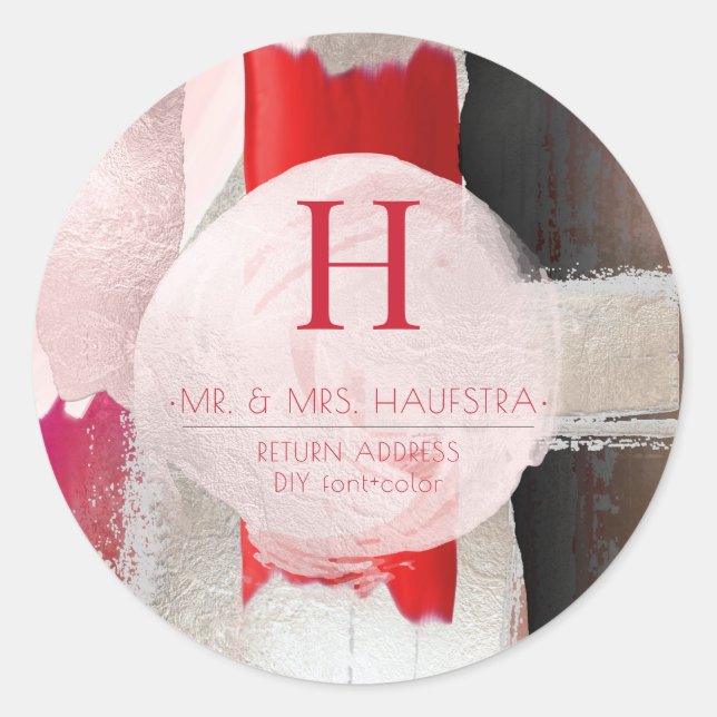 PixDezines Monogram, Blush+Red Color Block Classic Round Sticker (Front)