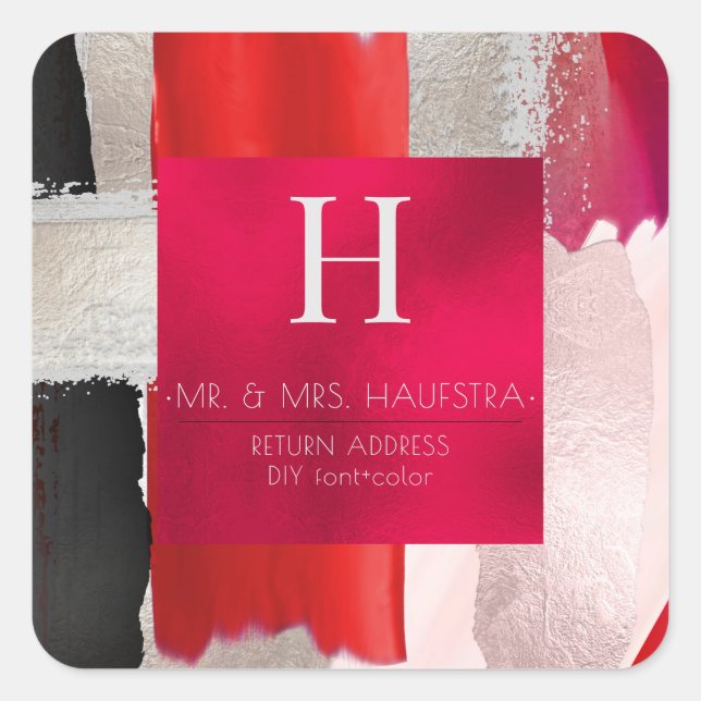 PixDezines Monogram, Blush+Silver+Red Color Block Square Sticker (Front)