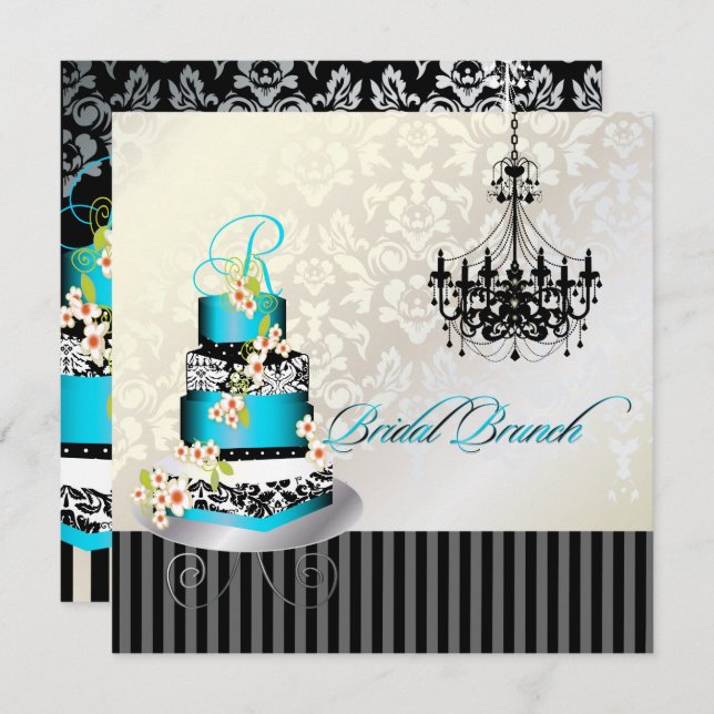 PixDezines monogram bridal brunch, teal blue cake Invitation (Front/Back)