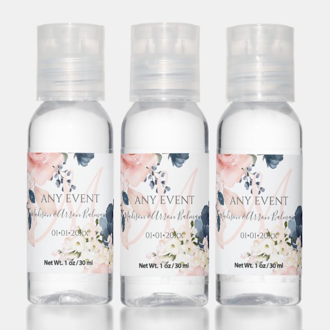 PixDezines Monogram Dusty Blush+ Navy Blue Roses Hand Sanitizer (Set)