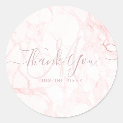 PixDEzines Monogram Elegant Blush Marble Thank You Classic Round Sticker