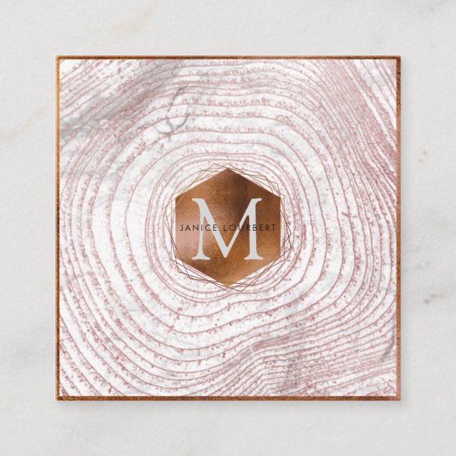 PixDezines MONOGRAM FAUX COPPER TREE RINGS  Square Business Card (Front)