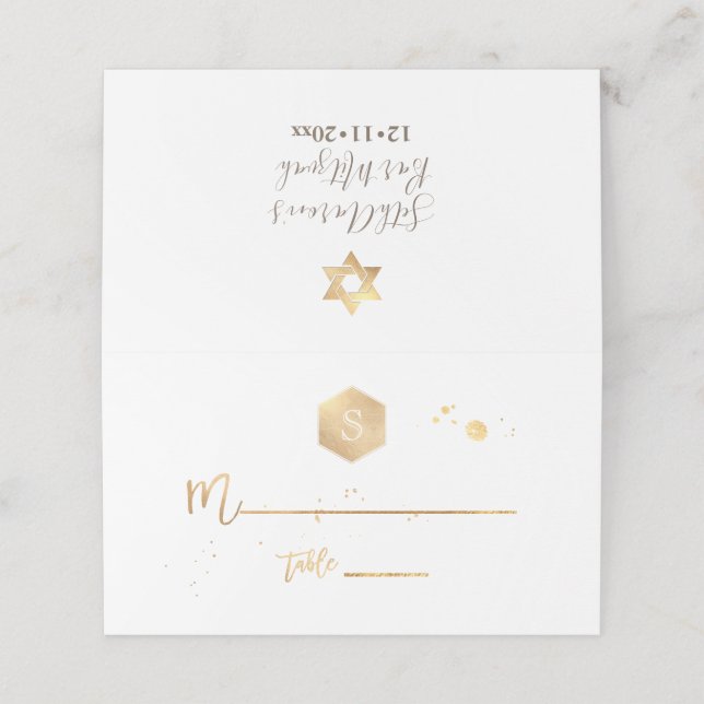 PixDezines Monogram Faux Gold Honeycomb Mitzvah Place Card (Outside Unfolded)