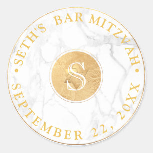 PixDezines Monogram Faux Gold+Marble Mitzvah Classic Round Sticker
