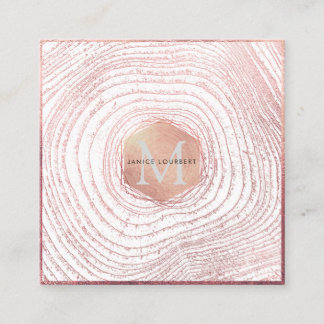 PixDezines MONOGRAM/FAUX ROSE GOLD TREE RINGS Square Business Card