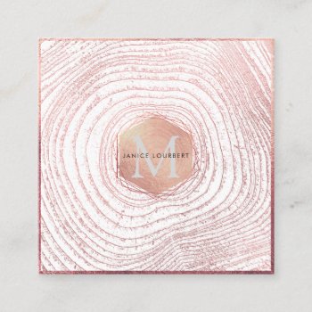 Pixdezines Monogram/faux Rose Gold Tree Rings Square Business Card by Create_Business_Card at Zazzle