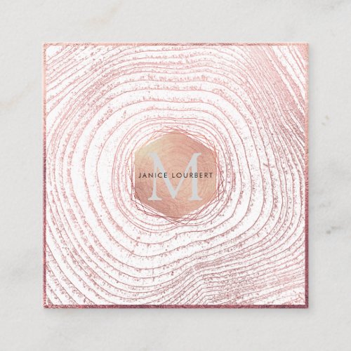 PixDezines MONOGRAMFAUX ROSE GOLD TREE RINGS Square Business Card