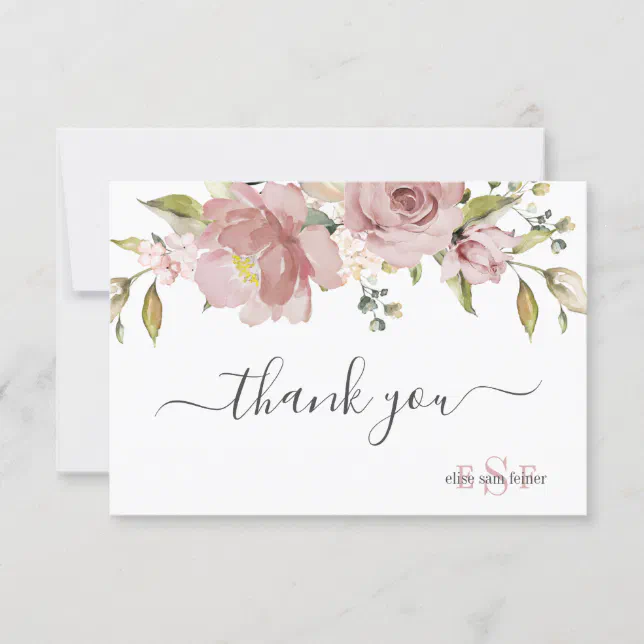 PixDezines Monogram H2 Dusty Rose Flowers Thank You Card | Zazzle