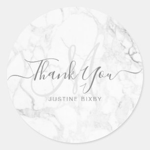 PixDEzines Monogram Marble Elegant ScriptThank You Classic Round Sticker