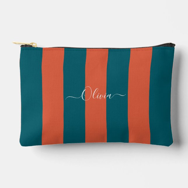 PixDezines Monogram Stripe Teal Rust Orange Accessory Pouch (Front)