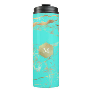 PixDezines MONOGRAM TURQUOISE GOLD VEINS Thermal Tumbler