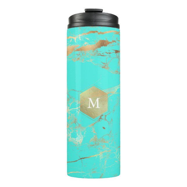 PixDezines MONOGRAM TURQUOISE GOLD VEINS Thermal Tumbler (Front)