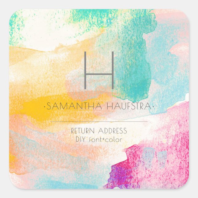 PixDezines Monogram Watercolor Brush Strokes Square Sticker (Front)