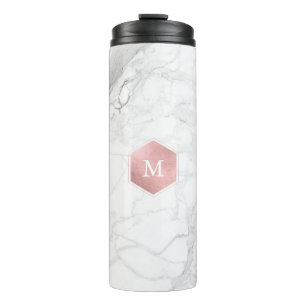PixDezines MONOGRAM WHITE MARBLE+ROSE GOLD Thermal Tumbler