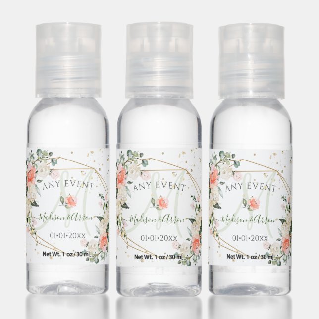 PixDezines Monogram White Roses Peach Peonies Hand Sanitizer (Set)