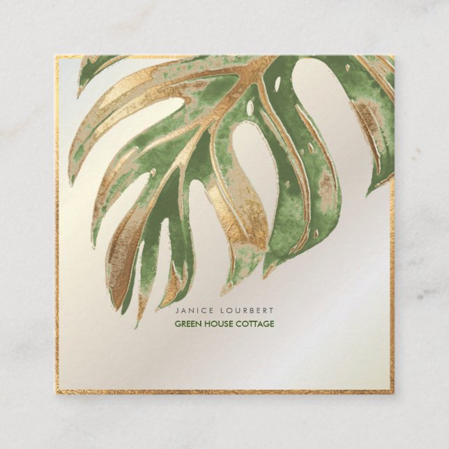 PixDezines MONSTERA, DUO TONE FAUX FOIL Square Bus Square Business Card (Front)