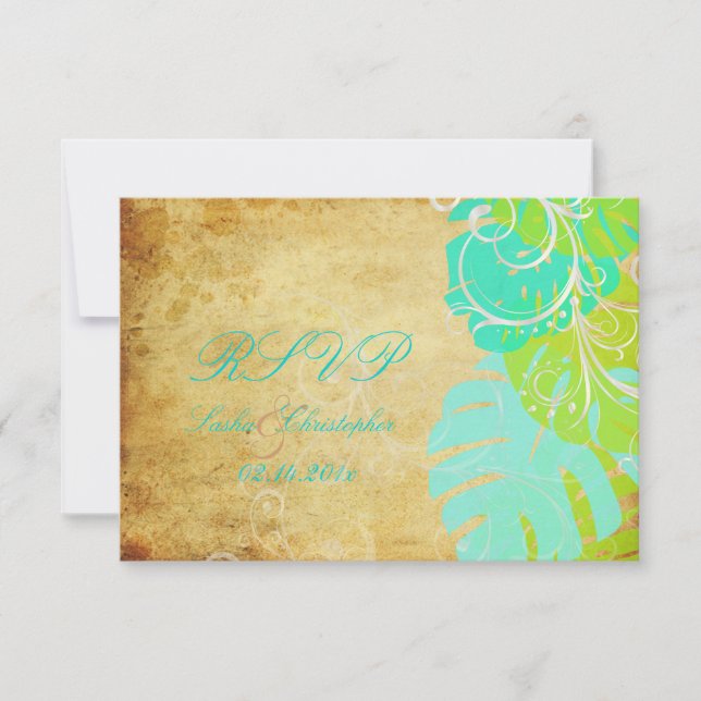 PixDezines monstera leaves+pearl swirls RSVP Card (Front)
