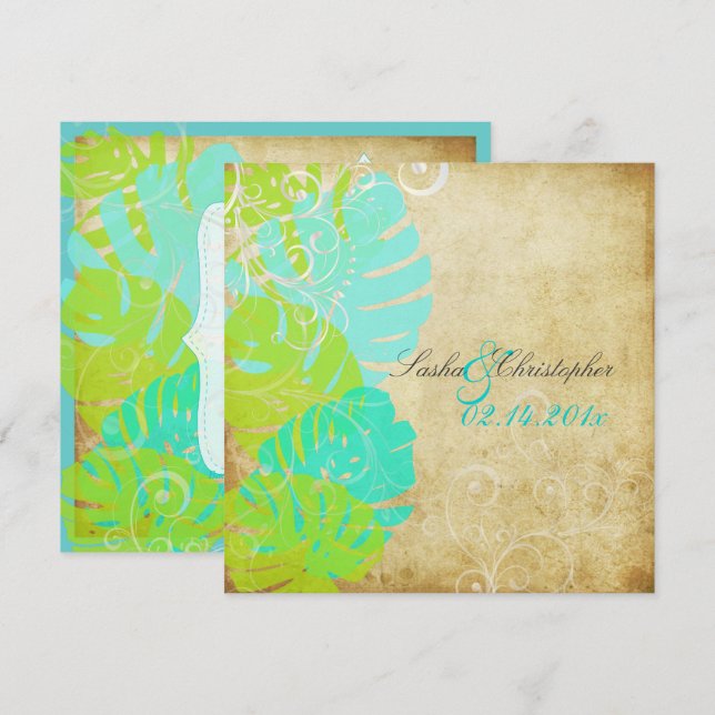 PixDezines MONSTERA LEAVES+SWIRLS/GREEN+TURQUOISE Invitation (Front/Back)