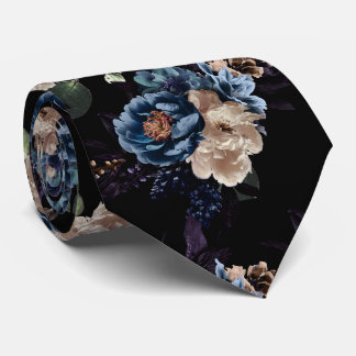 PixDezines Moody Botanical Blue Cream Flowers Neck Tie