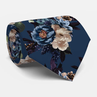 PixDezines Moody Botanical Blue Cream Flowers Neck Tie