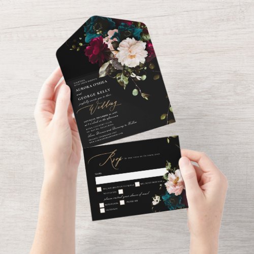PixDezines Moody Floral Burgundy Teal All In One Invitation