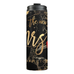 PixDezines Mrs. BLACK MARBLE FAUX GOLD VEINS Thermal Tumbler