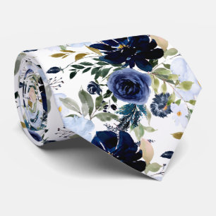 PixDezines Navy and Dusty Blue H2 Botanical Neck Tie