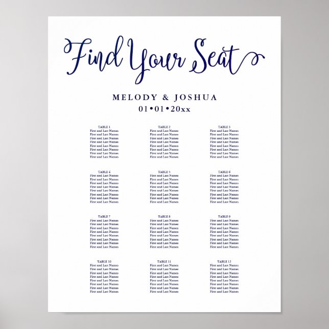 PixDezines Navy Modern Calligraphy, Seating Chart (Front)