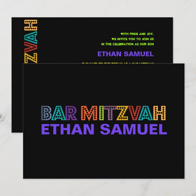 PixDezines neon bar mitzvah Invitation (Front/Back)