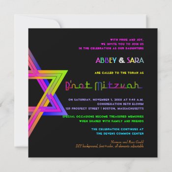 Pixdezines Neon Colors Star Of David/b'not Mitzvah Invitation by custom_mitzvah at Zazzle