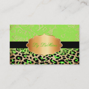 PixDezines neon green vintage lace+cheetah Business Card