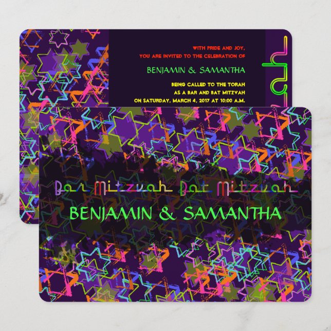 PixDezines NEON/GRUNGE STARS/BAR+BAT MITZVAH Invitation (Front/Back)
