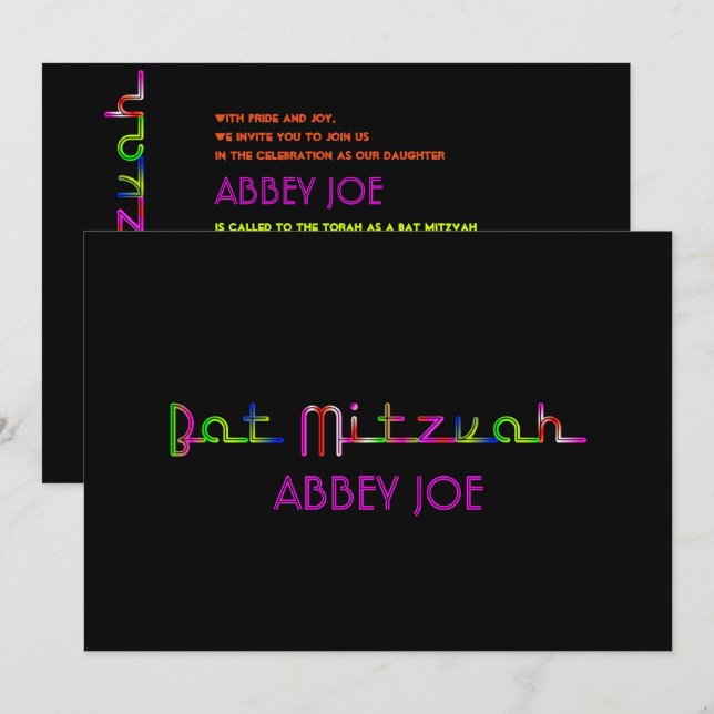 PixDezines neon lights bat mitzvah Invitation (Front/Back)