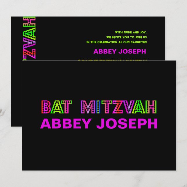 PixDezines Neon Lights Bat Mitzvah Invitation (Front/Back)