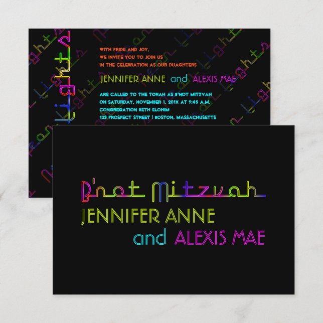 PixDezines neon lights b'not mitzvah Invitation (Front/Back)