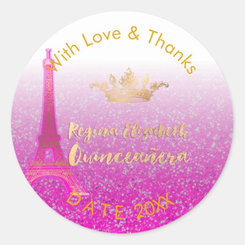 PixDezines Neon Pink EiffelSweet 15DIY Thank You Classic Round Sticker