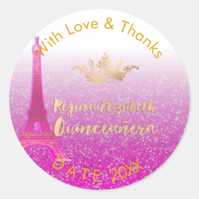 PixDezines Neon Pink Eiffel/Sweet 15/DIY Thank You Classic Round Sticker (Front)