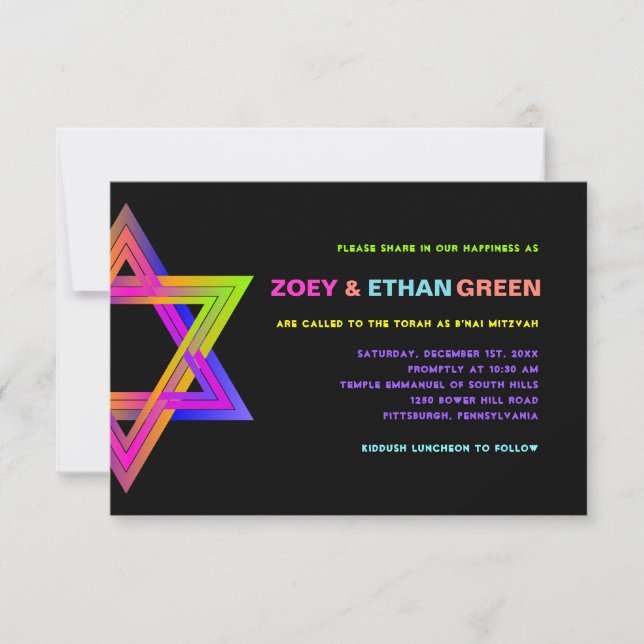 PixDezines Neon Star of David B'nai Mitzvah  Invit Invitation (Front)