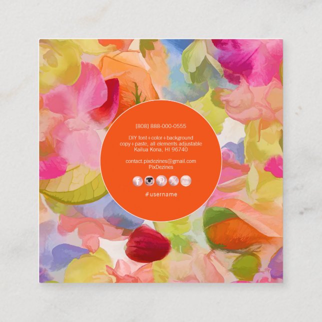 PixDezines O'kika Watercolor Flowers, Orchids Square Business Card (Back)