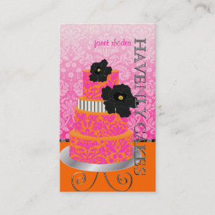 PixDezines Orange+Hot Pink damask cake/pâtisserie Business Card