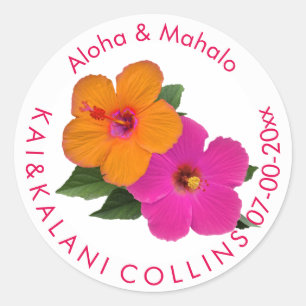 PixDezines Orange/Pink Hibiscus/Aloha/Mahalo Classic Round Sticker