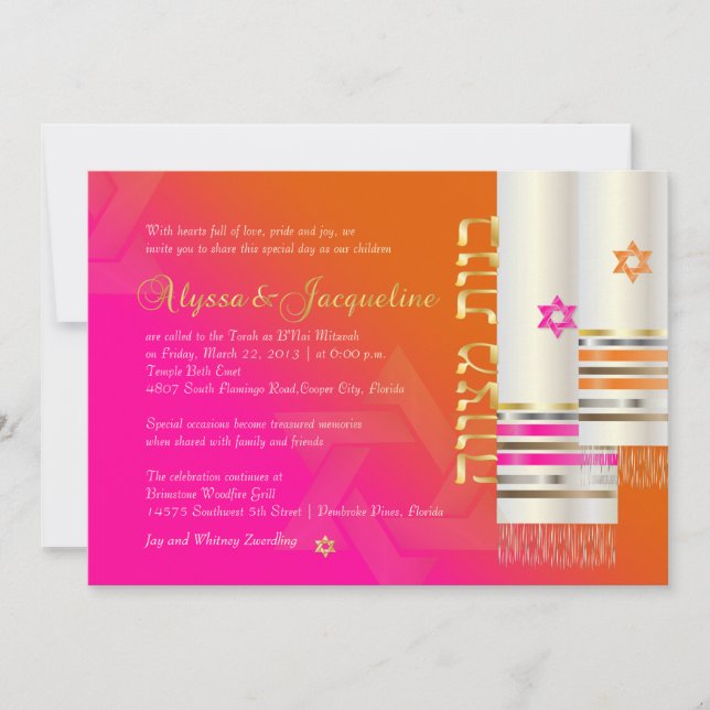 PixDezines Orange/Pink Tallits B'not mitzvah color Invitation (Front)