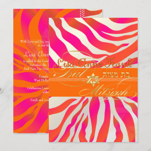 PixDezines Orange Zebra, Bat Mitzvah Invitation
