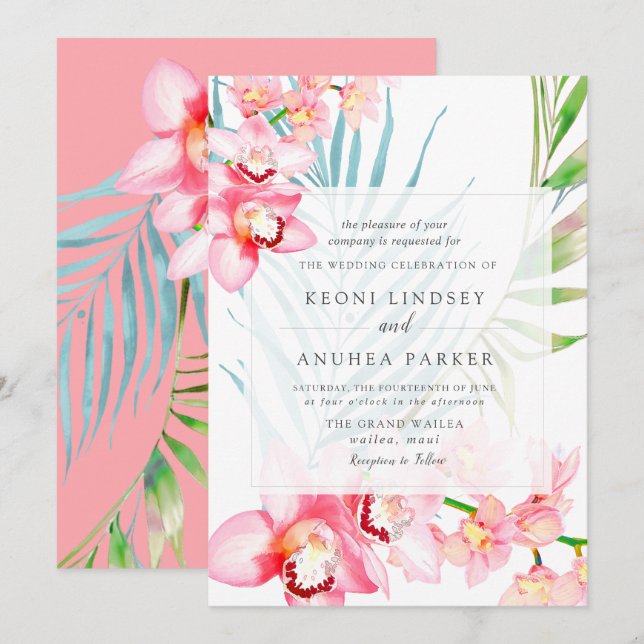 PixDezines Orchid Isle, Blissful Pink Orchid Palms Invitation (Front/Back)