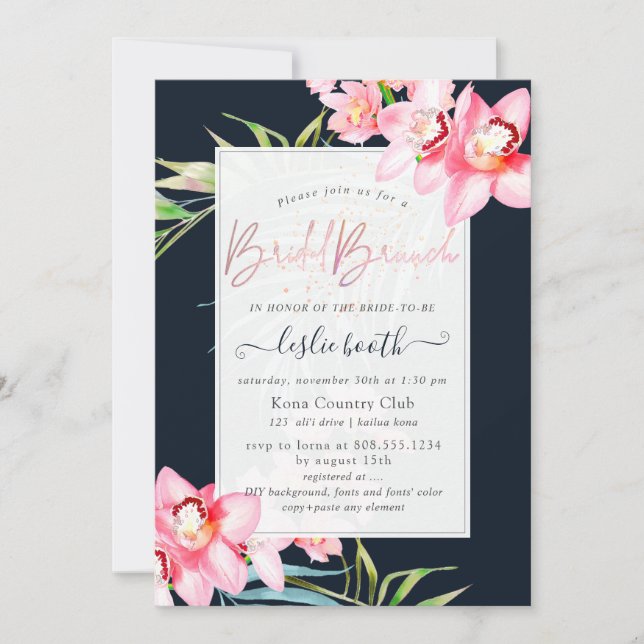 PixDezines Orchid Isle, Bridal Brunch Navy+Pink Invitation (Front)