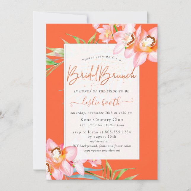 PixDezines Orchid Isle, Bridal Brunch Orange Invitation (Front)
