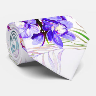PixDezines Orchid Isle, Neon Purple Orchids Palms Neck Tie