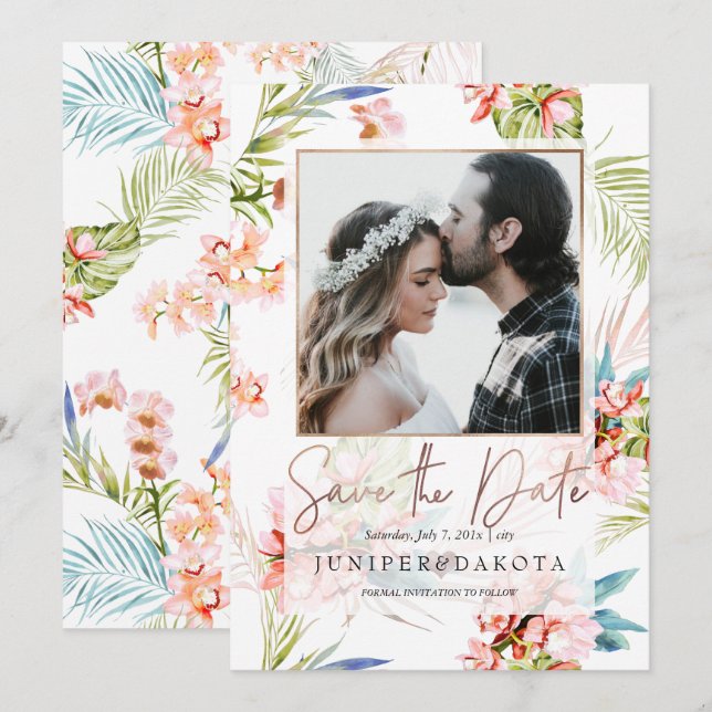 PixDezines Orchid Isle, Peach Orchid+Palms Invitation (Front/Back)