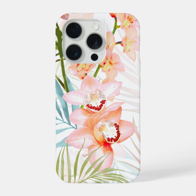 PixDezines Orchid Isle, Peachy Orchids Blue Palms iPhone Case (Back)