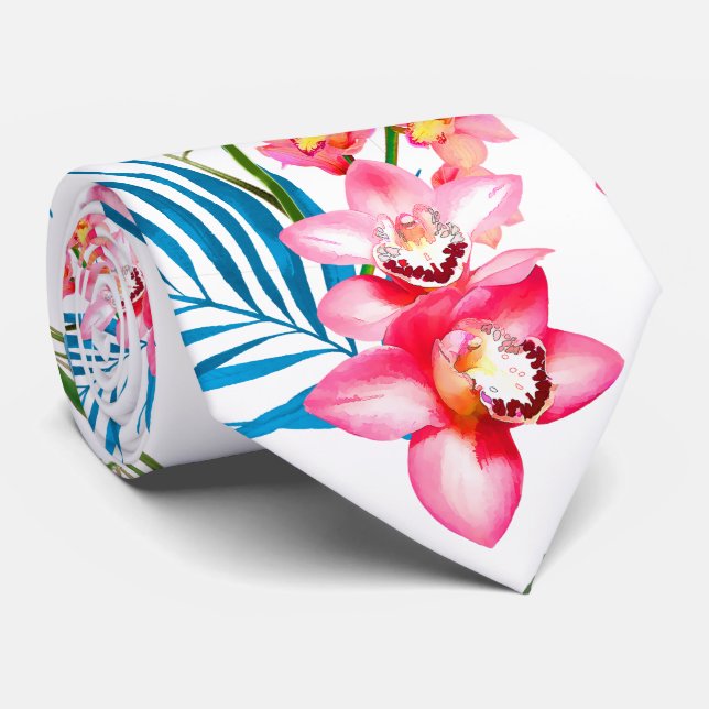 PixDezines Orchid Isle, Pink Orchids Blue Palms Neck Tie (Rolled)
